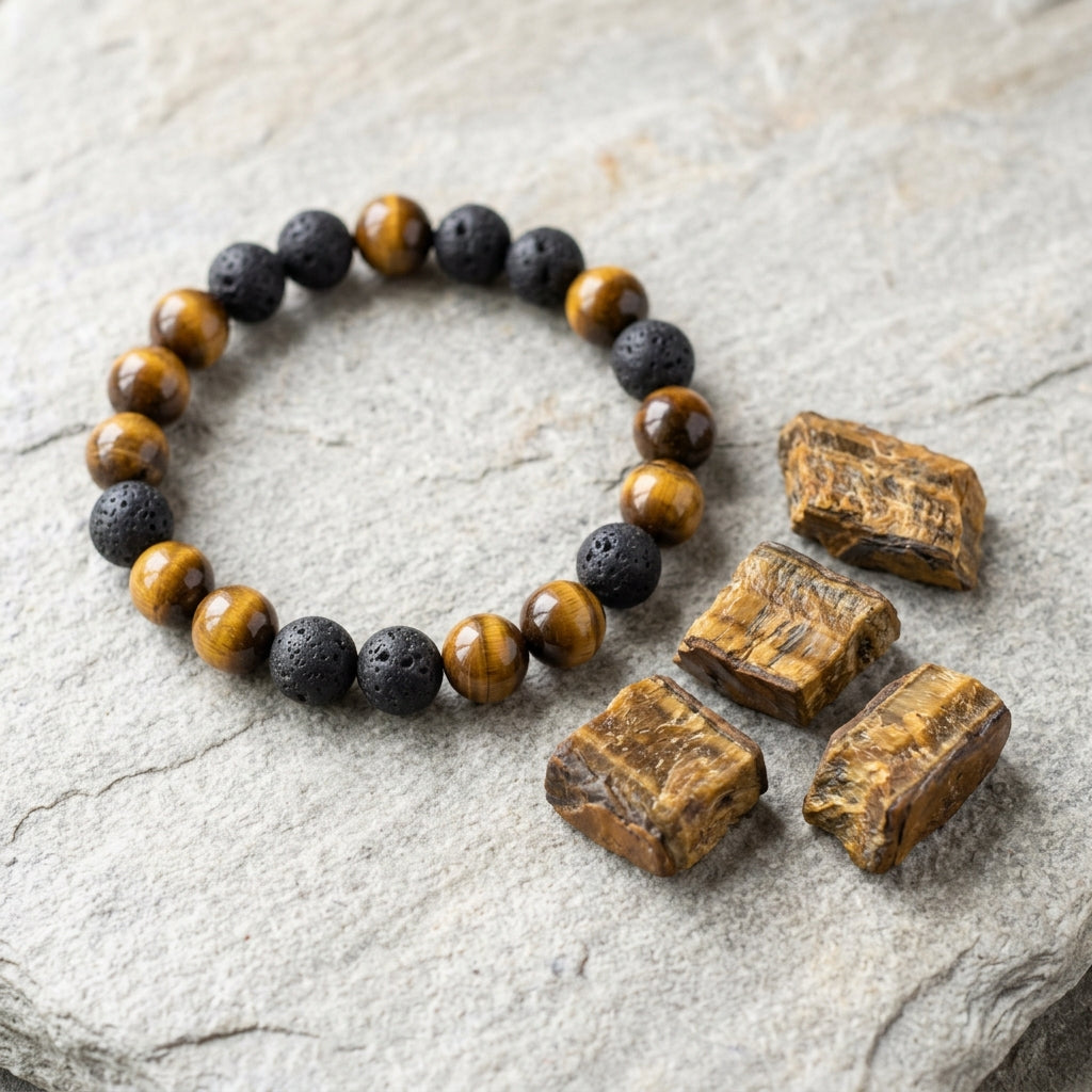 Pulsera Artesanal de Ojo de Tigre y Piedra Volcánica Natural