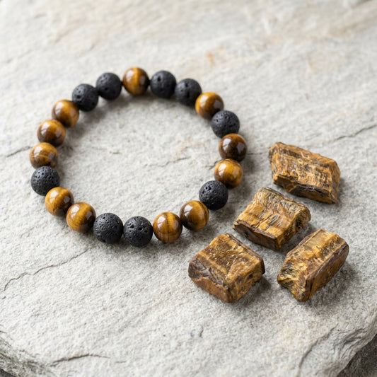 Pulsera Artesanal de Ojo de Tigre y Piedra Volcánica Natural